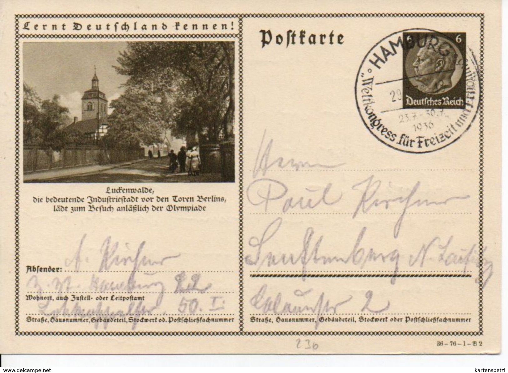 Bk5/ Deutsches Reich Ganzsache Bildpostkarte P 236/ 36-76-1-B2 Gelaufen/ Used - Otros & Sin Clasificación