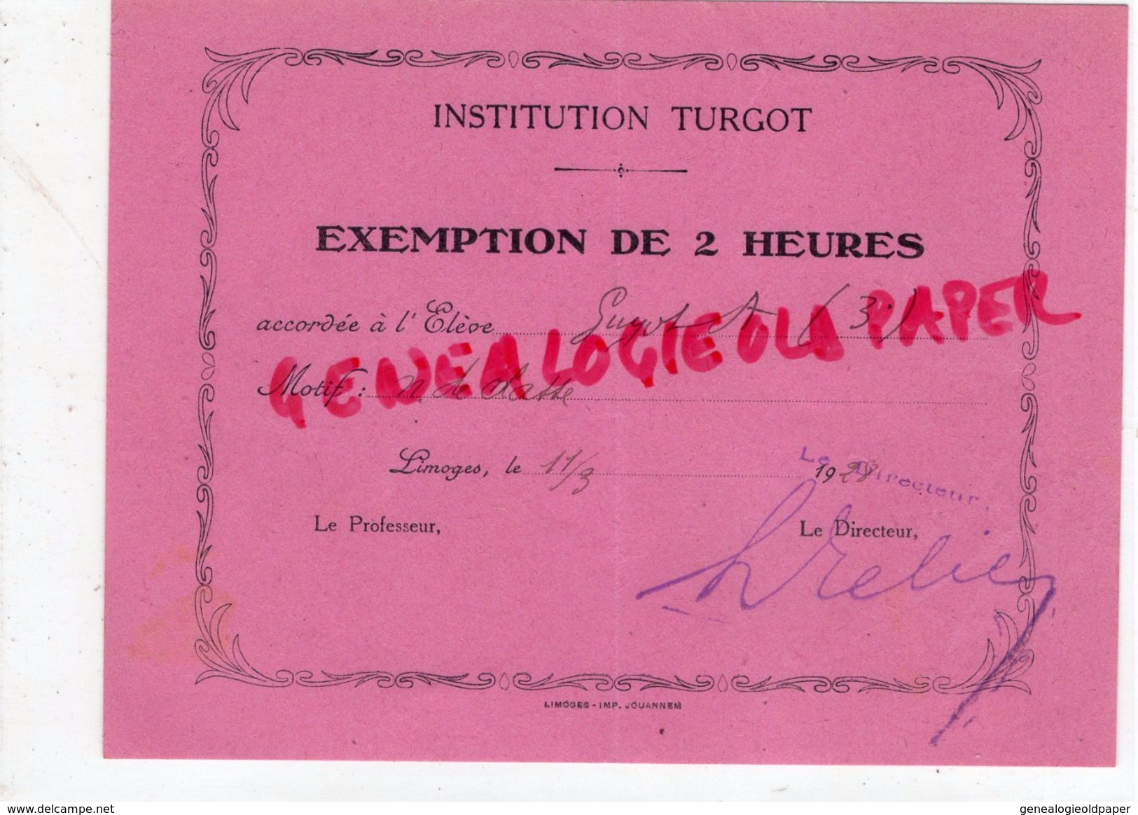 87 - LIMOGES- ECOLE- BON EXEMPTION DE 2 HEURES- INSTITUTION TURGOT -ELEVE GUYOT   1928 - Historical Documents