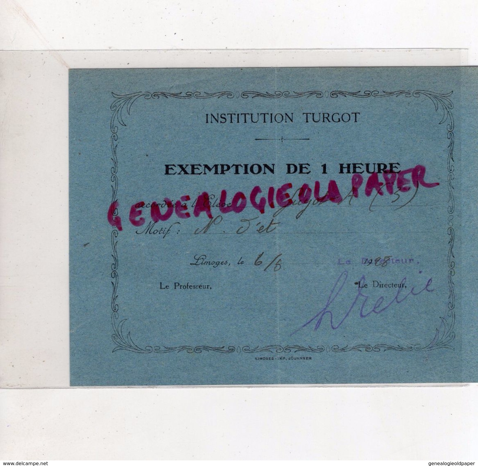 87 - LIMOGES- ECOLE- BON EXEMPTION DE 1 HEURE S- INSTITUTION TURGOT -ELEVE GUYOT   1928 - Historical Documents