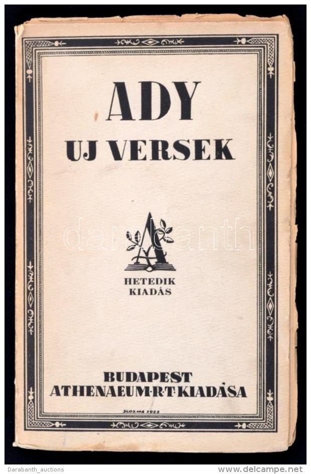 Ady Endre: Uj Versek. Bp., &eacute;.n., Athenaeum Rt. Kiad&oacute;i Pap&iacute;rk&ouml;t&eacute;s. Hetedik... - Other & Unclassified
