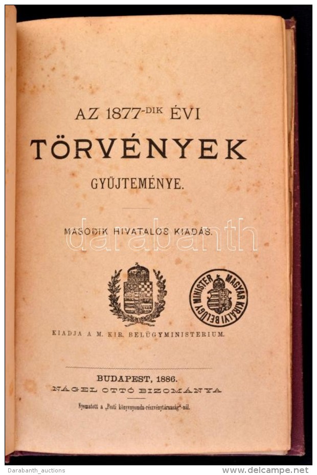 Az 1877-dik &eacute;vi T&ouml;rv&eacute;nyek GyÅ±jtem&eacute;nye. Bp., 1886, N&aacute;gel Ott&oacute;, Pesti... - Sin Clasificación