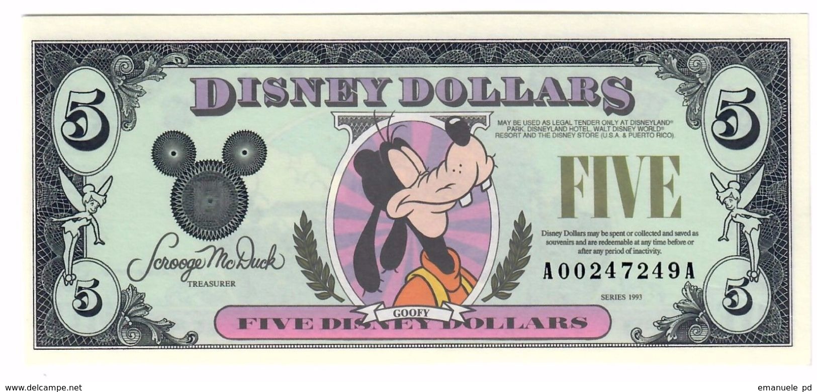 Goofy 5 Disney Dollars 1993 UNC - Other & Unclassified