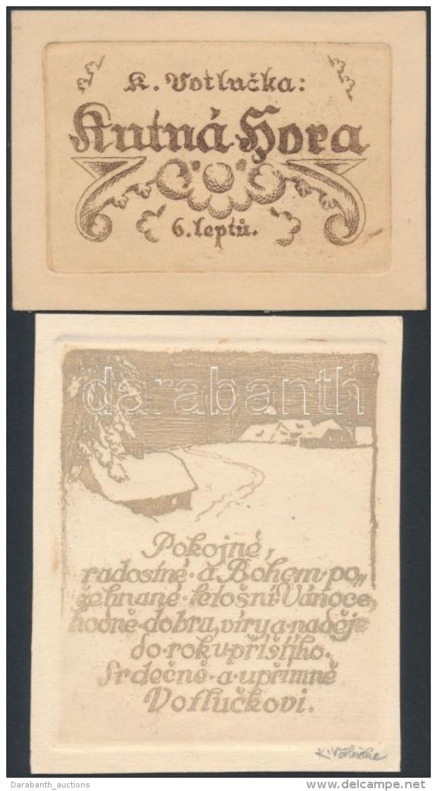 VotluÄka Karel (1896-1963) 2 Ex Libris R&eacute;zkarc, Pap&iacute;r,  Jelzett,  / Etched Bookplates - Other & Unclassified