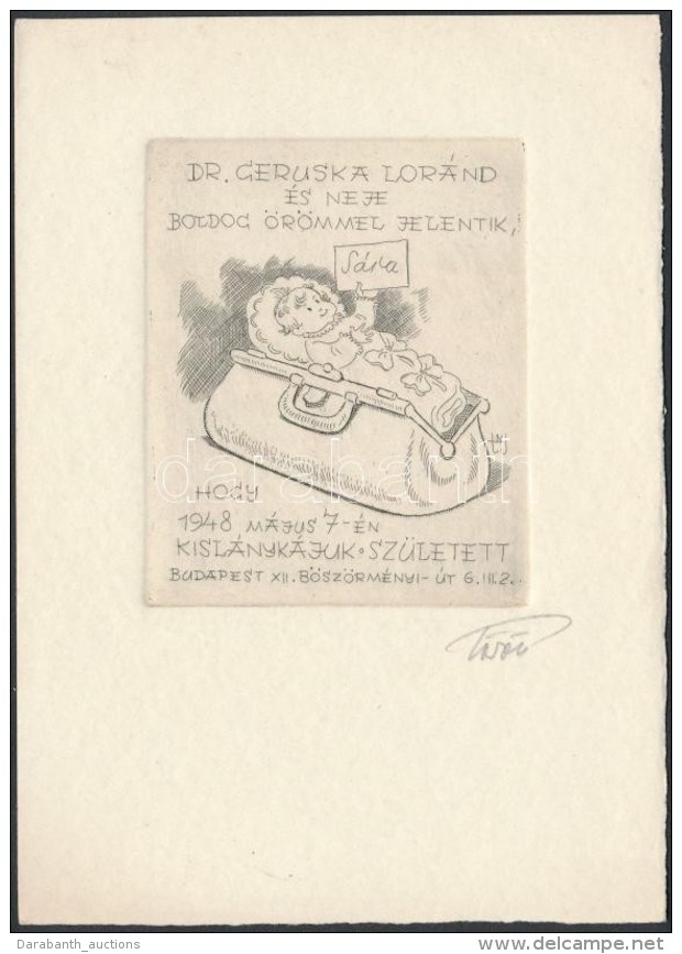 Nemes T&ouml;r&ouml;k J&aacute;nos (1900?-1980): Ex-libris Geruska Lor&aacute;nd, Gyermek&aacute;ld&aacute;s.... - Other & Unclassified