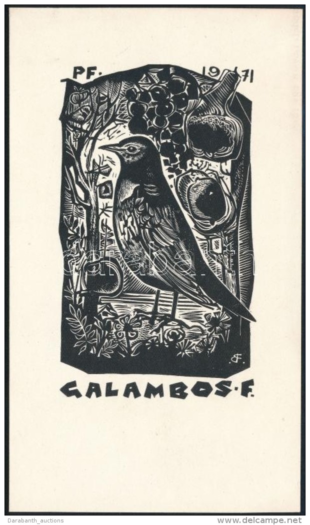 Bord&aacute;s Ferenc (1911-1982) : Fekete Rig&oacute; Ex Libris Galambos, Fametszet, Pap&iacute;r, Jelzett A... - Otros & Sin Clasificación