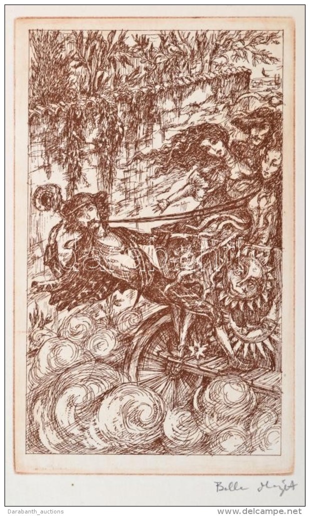 Balla Margit (1947-): Szelek Sz&aacute;rny&aacute;n. R&eacute;zkarc, Pap&iacute;r, Jelzett, 15x23 Cm - Otros & Sin Clasificación