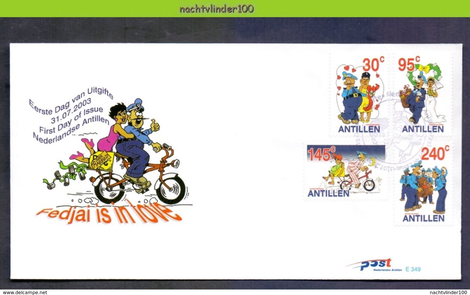 Ndv349fb E349 STRIPFIGUREN FIETS POSTBODE BRUILOFT MAILMEN MARRIAGE BICYCLE FAHRRAD NEDERLANDSE ANTILLEN 2003 FDC - Andere (Aarde)