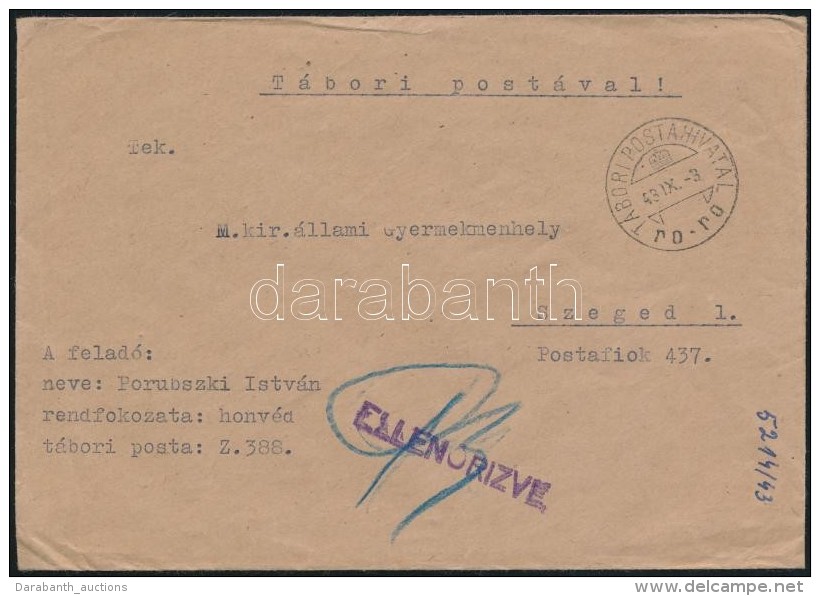 1943 3 Db T&aacute;bori Posta EllenÅ‘rzÅ‘ B&eacute;lyegzÅ‘vel - Other & Unclassified