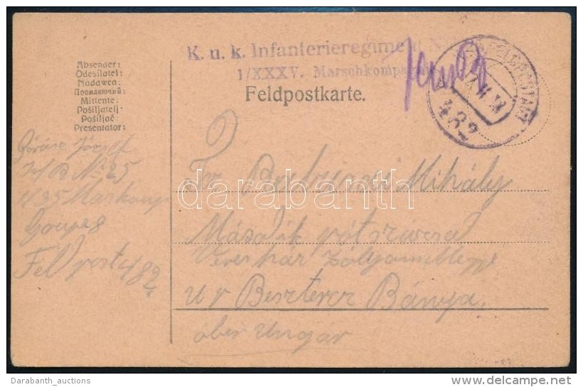 1918 T&aacute;bori Posta LevelezÅ‘lap 'K.u.k. Infanterieregiment' + 'FP 482 B' - Other & Unclassified