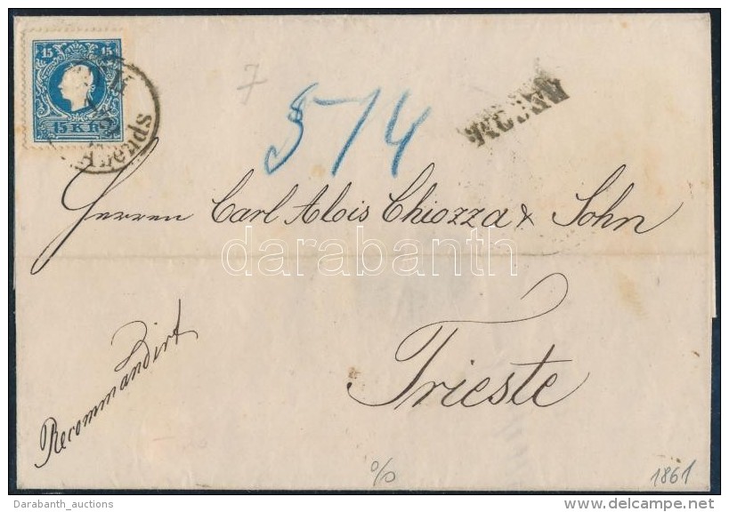 1861 15kr + V&aacute;gott 10kr Aj&aacute;nlott Lev&eacute;len '(PES)TH Abends' - Trieste - Other & Unclassified