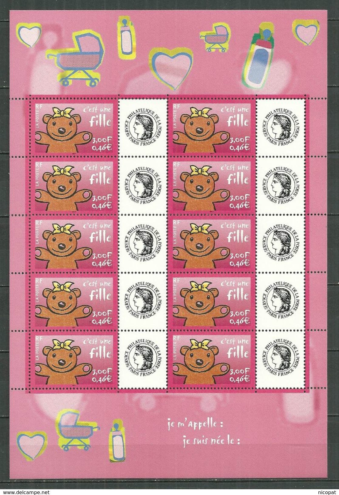 FRANCE MNH ** 3432 Feuille Timbre Personnalisé C´est Une Fille Ours Logo Ceres - Autres & Non Classés