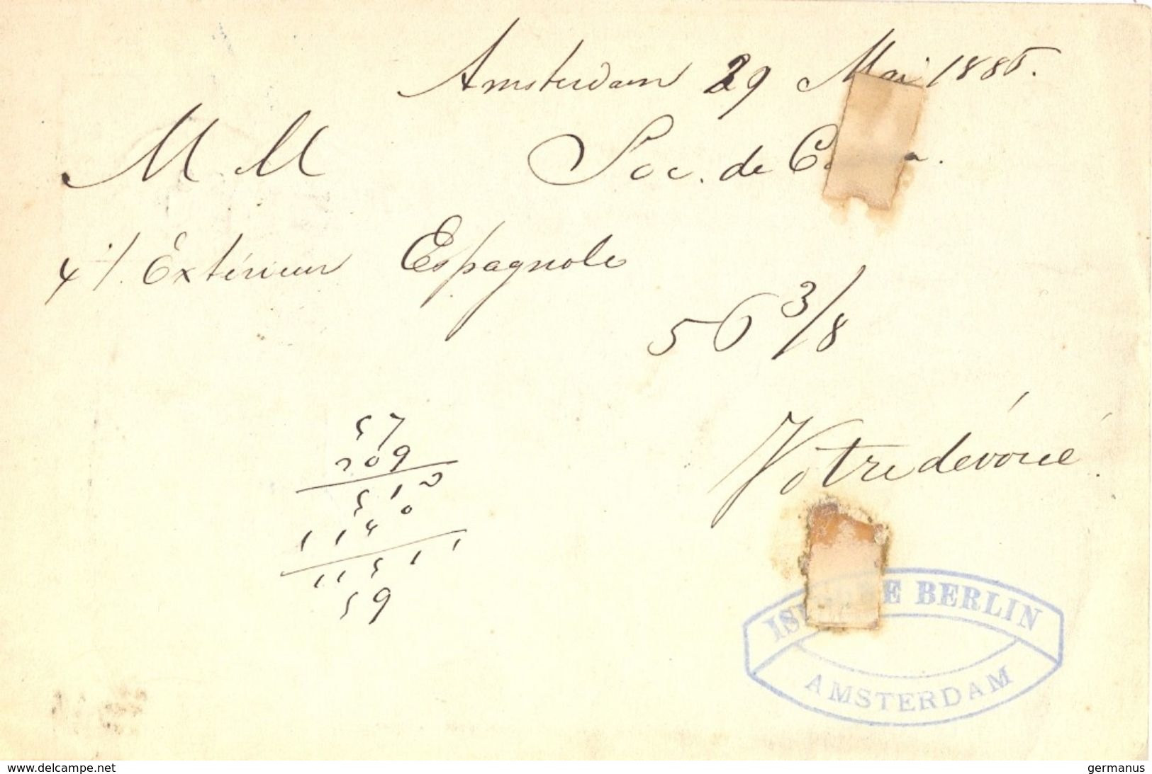 PAYS-BAS ENTIER POSTAL WILLEM III  5 CENT TàD AMSTERD:- ANTW IX  29  MAI 1895 + TàD PARIS ETRANGER BLEU 30 MAI 85 - Material Postal