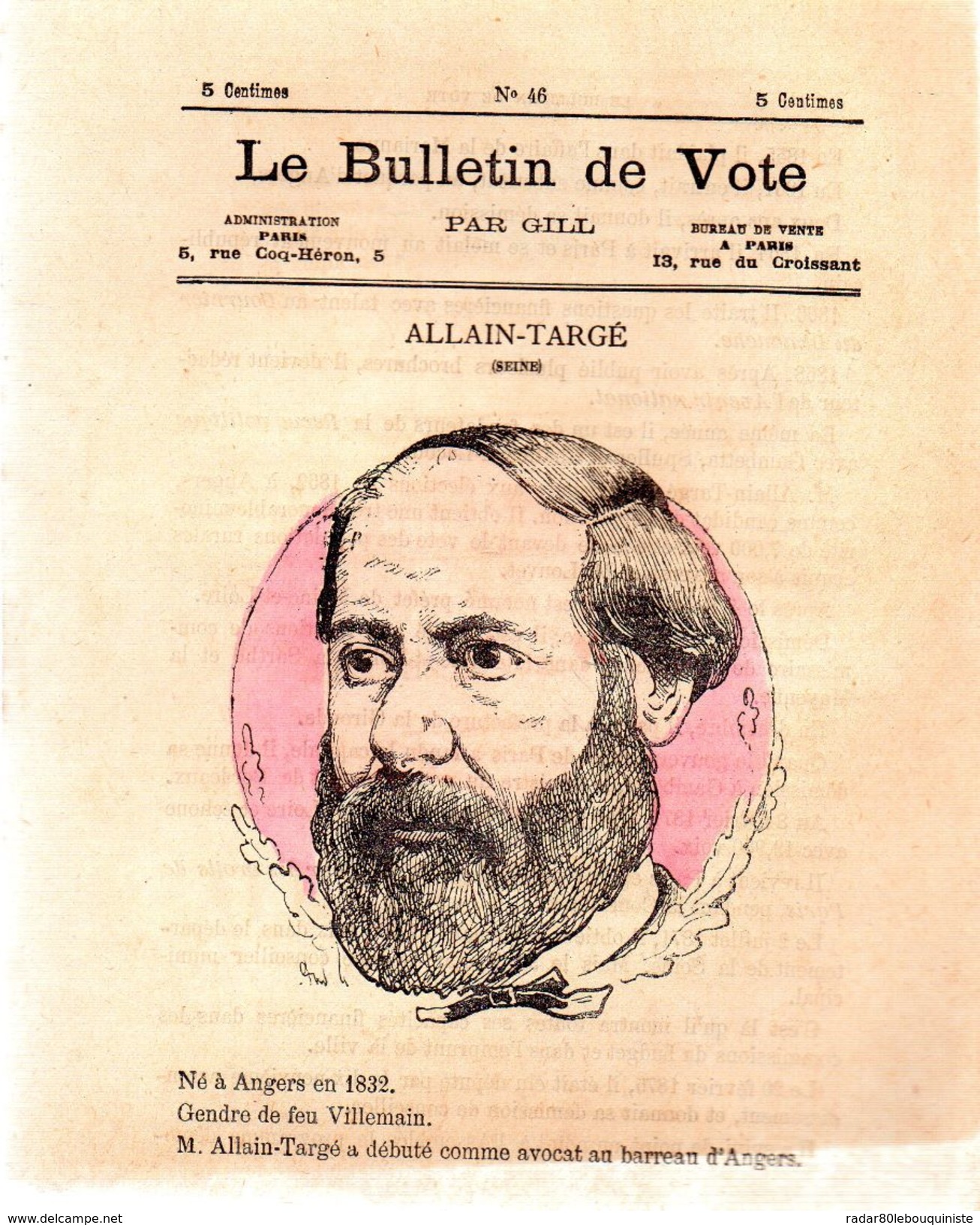 Le Bulletin De Vote.Par GILL.n°46.ALLAIN-TARGE.4 Pages.1877. - 1850 - 1899