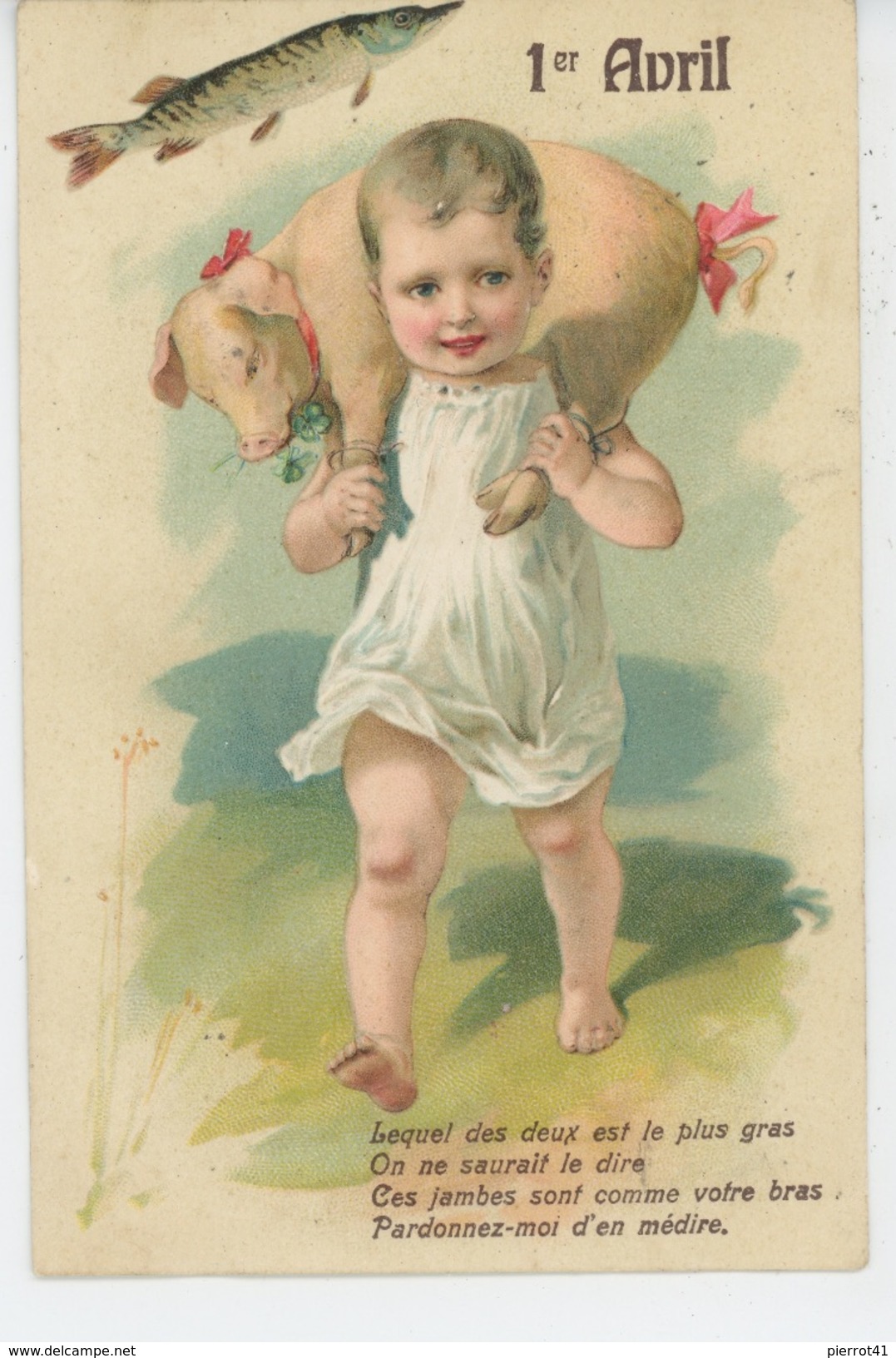 POISSON 1ER AVRIL - PIG - Jolie Carte Fantaisie Gaufrée Enfant Portant Un Cochon 1er Avril (embossed Postcard) - Erster April