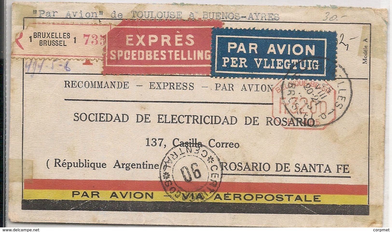 BELGIQUE - Vf 1933 COVER - Mech Cancellation - VIA AEROPOSTALE - EXPRÉS -BRUXELLES Via TOULOUSE -BUENOS AIRES To ROSARIO - Briefe U. Dokumente