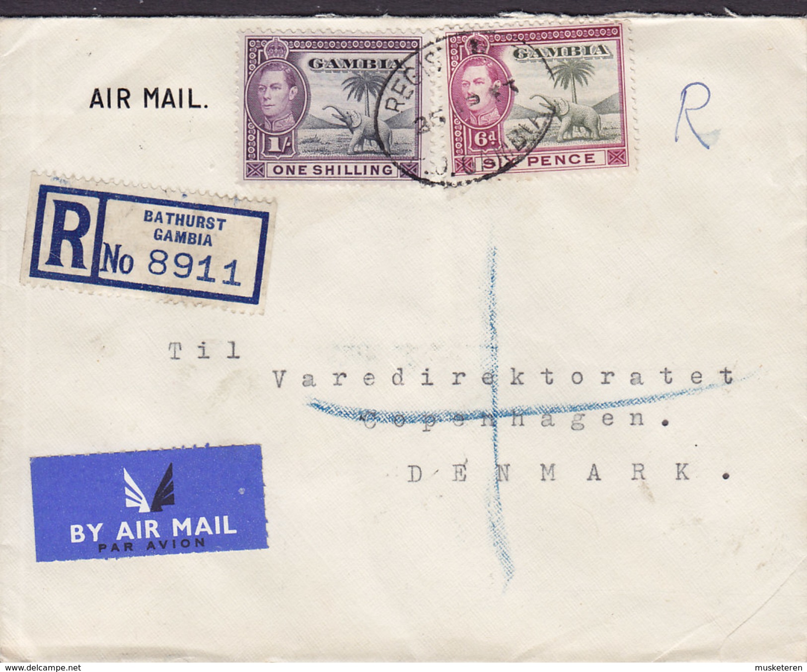 Gambia AIR MAIL & Registered Einschreiben Recommandé Label BATHURST 1953 Cover Denmark Elephant Elefant Stamps (2 Scans) - Gambie (...-1964)