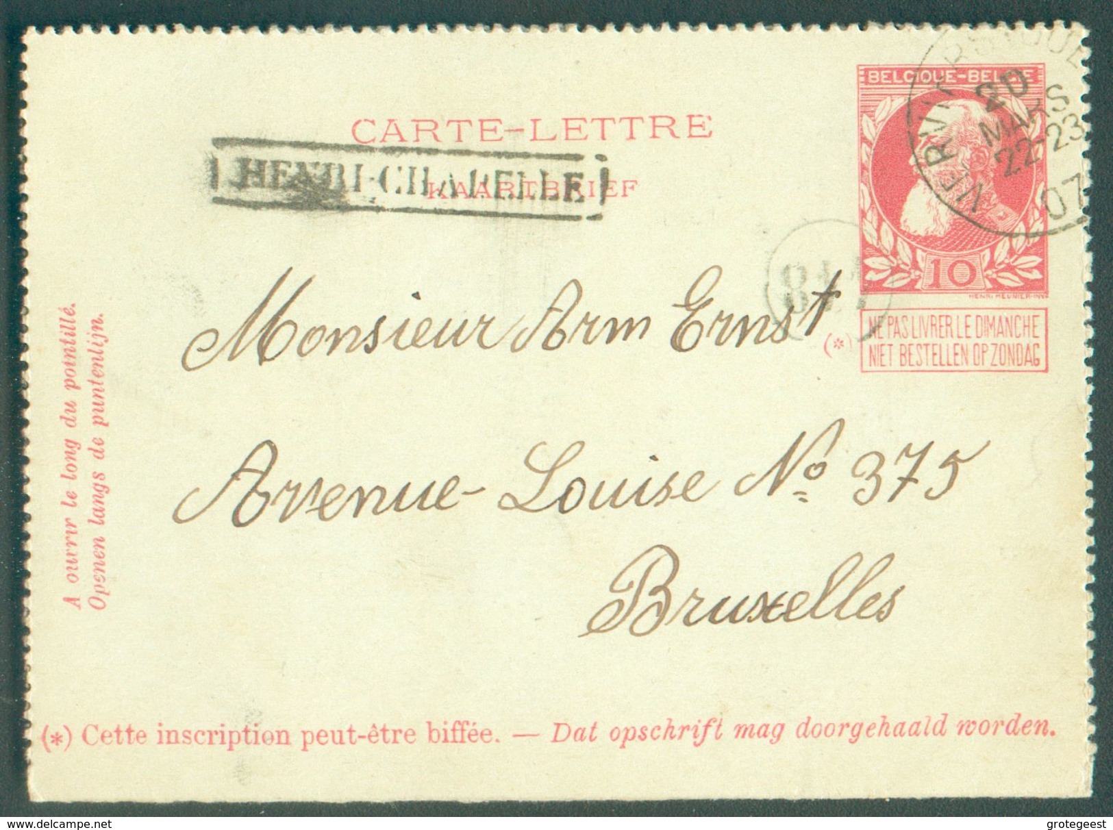 EP Carte Lettre 10 Centimes Grosse Barbe Obl. Sc VERVIERS (OUEST) Du 20 Mars1907 + Griffe Encadrée HENRI-CHAPELLE Vers B - Lineari