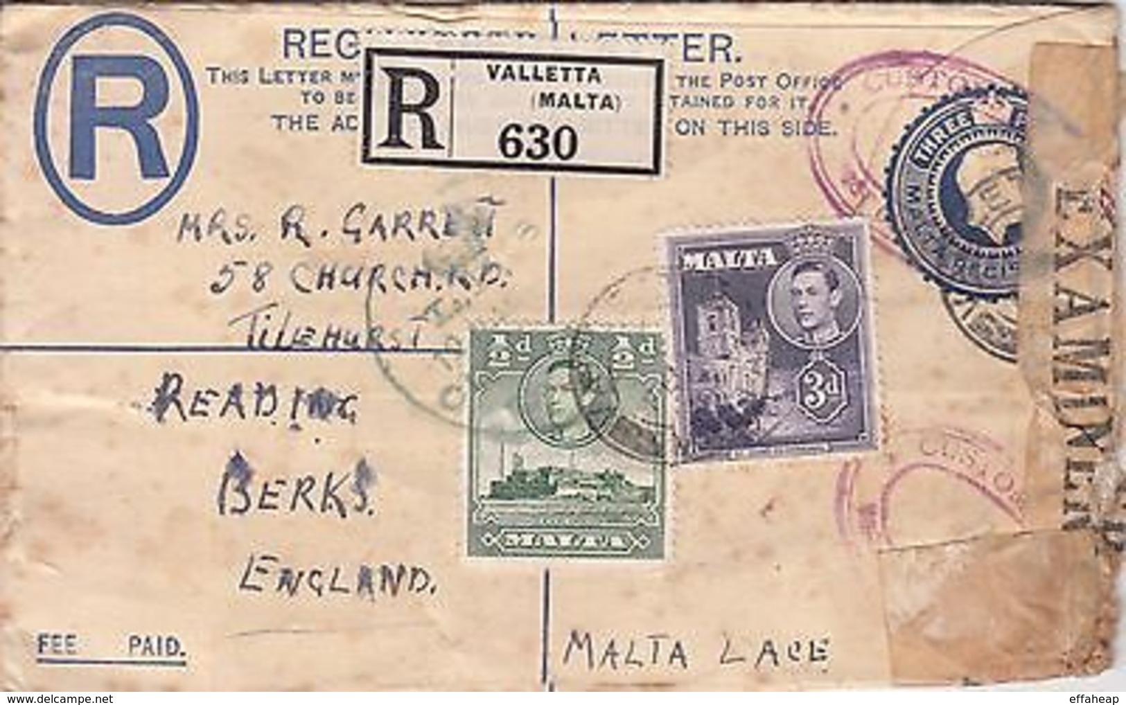 Malta: Registered Censored Cover, With 2 Customs Cachets, To Reading, 1943 - Malta (...-1964)