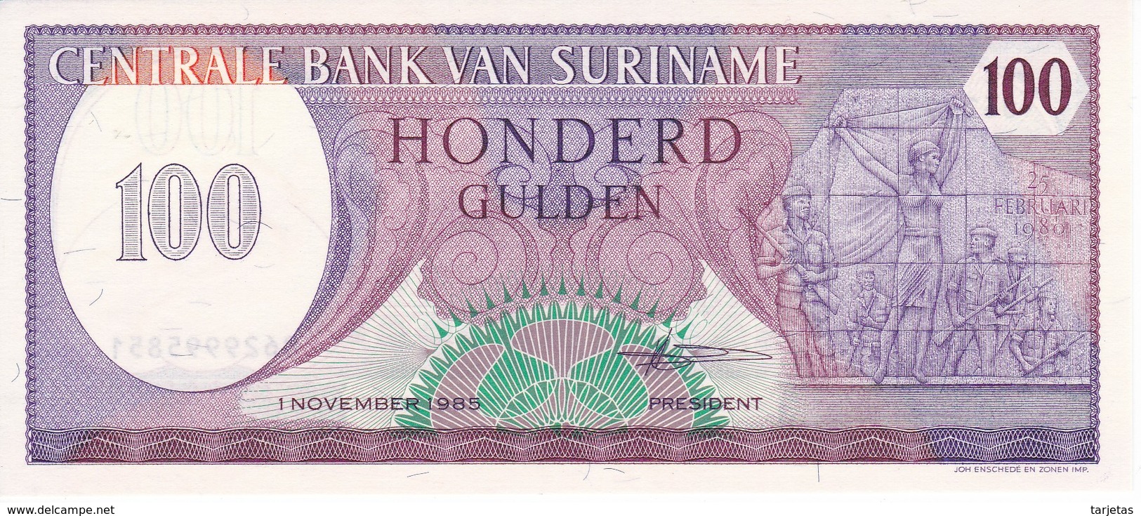 BILLETE DE SURINAM DE 100 GULDEN DEL AÑO 1985 (BANKNOTE) SIN CIRCULAR-UNCIRCULATED - Surinam