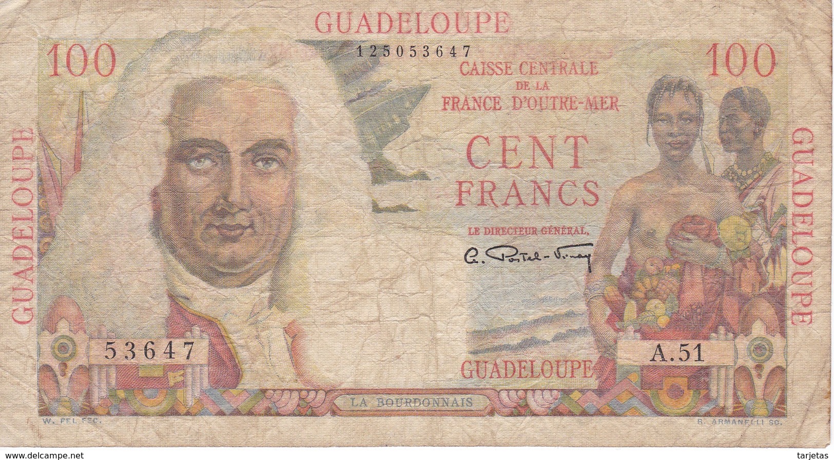 BILLETE DE GUADELOUPE OUTRE-MER DE 100 FRANCS AÑOS 1947-49 (BANK NOTE) - Otros & Sin Clasificación