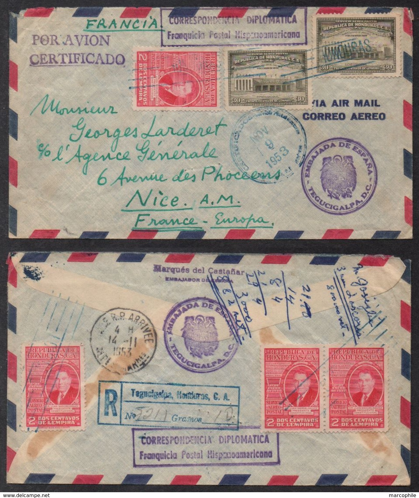 AMBASSADE D' ESPAGNE AU HONDURAS / 1953 TEGUCIGALPA LETTRE RECOMMANDEE AVION DIPLOMATIQUE POUR LA FRANCE (ref LE1482) - Briefe U. Dokumente