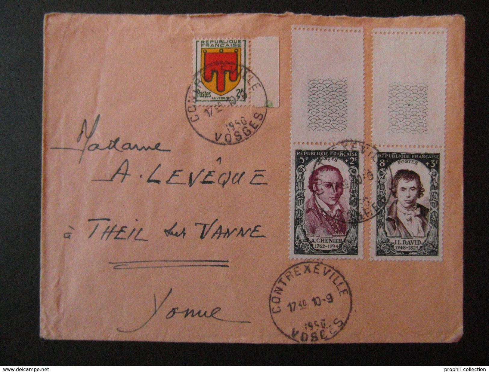 1950 - AFFRANCHISSEMENT COMPOSÉ SUR LETTRE Avec ARMOIRIE AUVERGNE + CHENIER DAVID HOROPLAN CONTREXVILLE - 1921-1960: Période Moderne