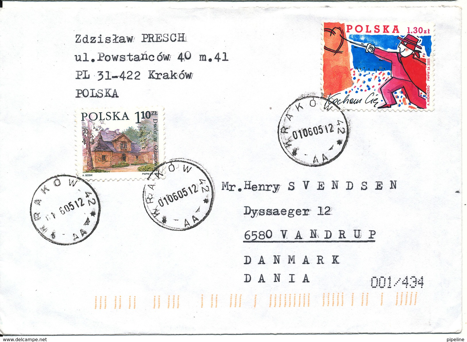 Poland Cover Sent To Denmark Krakow 1-6-2005 - Covers & Documents