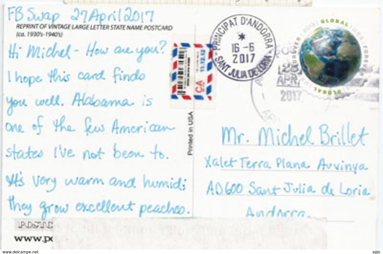 Greetings From Alabama,  Addressed To ANDORRA,with Arrival Postmark - Autres & Non Classés