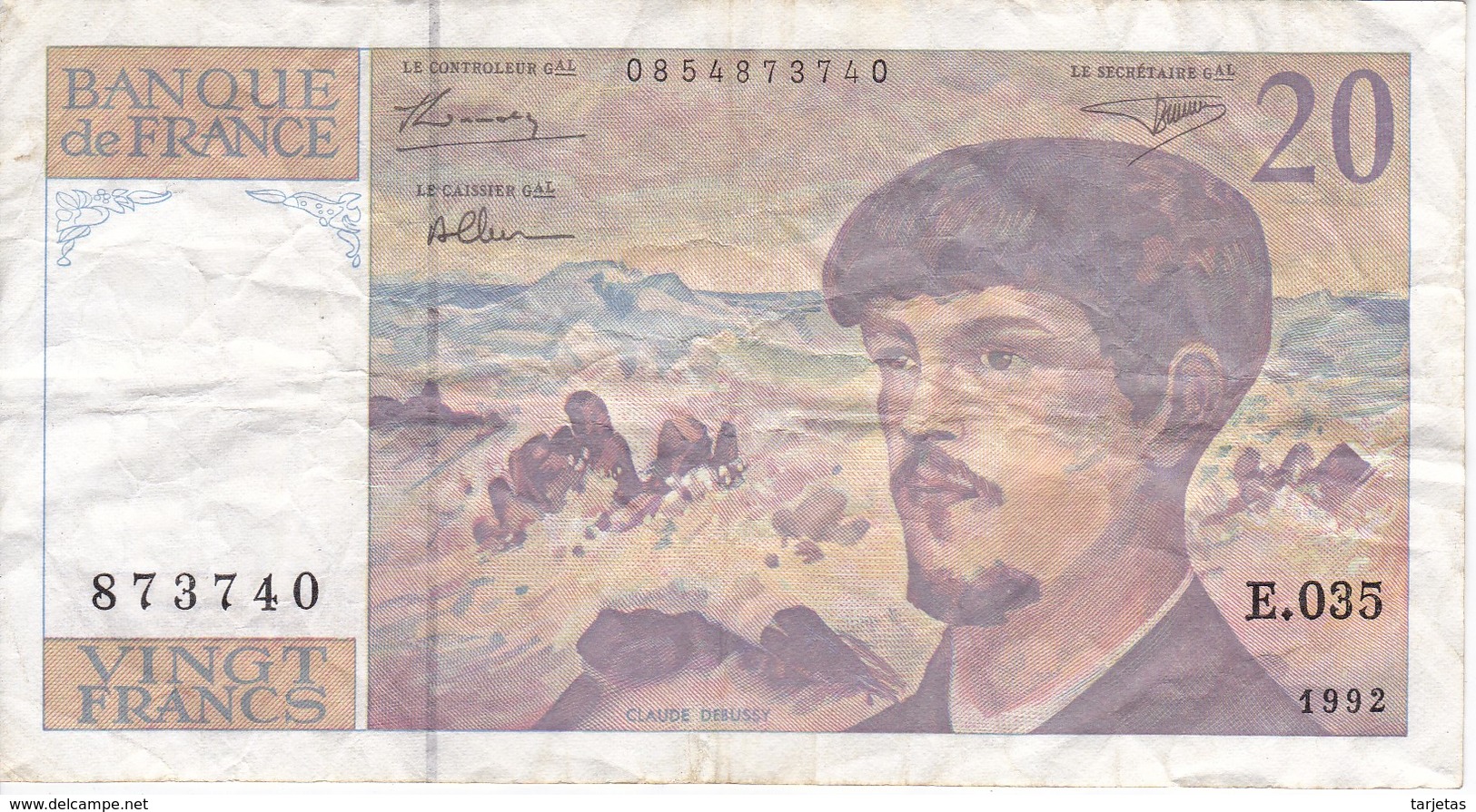 BILLETE DE FRANCIA DE 20 FRANCS DEL AÑO 1992 SERIE E.035  (BANKNOTE) CLAUDE DEBUSSY - 20 F 1980-1997 ''Debussy''