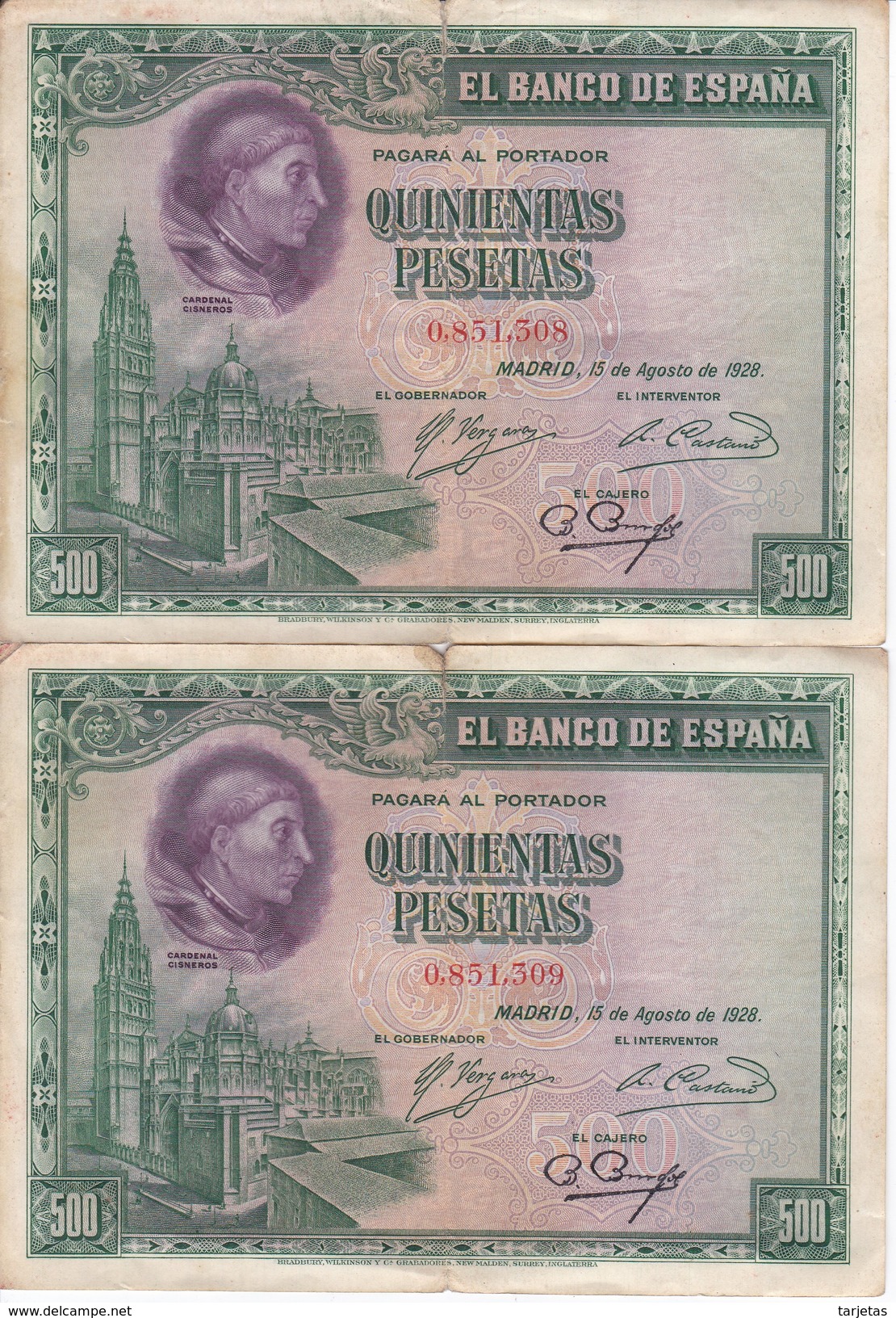 PAREJA CORRELATIVA DE 500 PTAS DEL AÑO 1928 EN CALIDAD BC -CARDENAL CISNEROS - 500 Pesetas