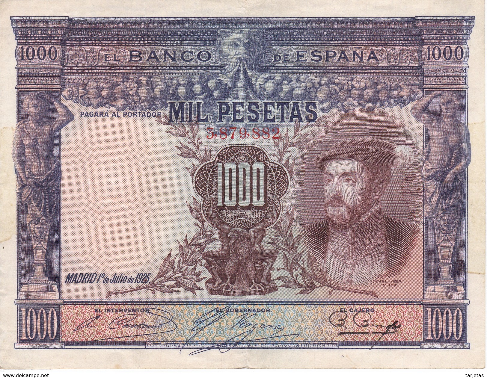 BILLETE DE ESPAÑA DE 1000 PTAS DEL AÑO 1925 DE CARLOS I CALIDAD MBC (VF)  SIN SERIE (BANKNOTE) - 1000 Peseten