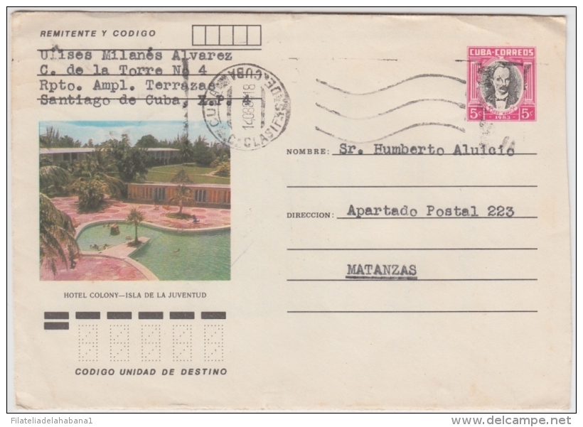 1983-EP-151 CUBA 1983 POSTAL STATIONERY. Ed.193k. HOTEL COLONY, PINES IS. ISLA PINOS. USED. - Cartas & Documentos