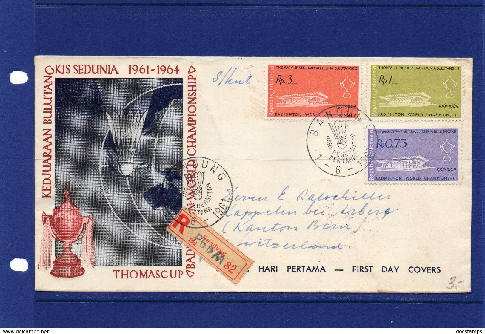 INDONESIA-Bandung 1-6-1961 Thomascup World Champioship Set On Commemorative Cover With Special Postmark - Badminton