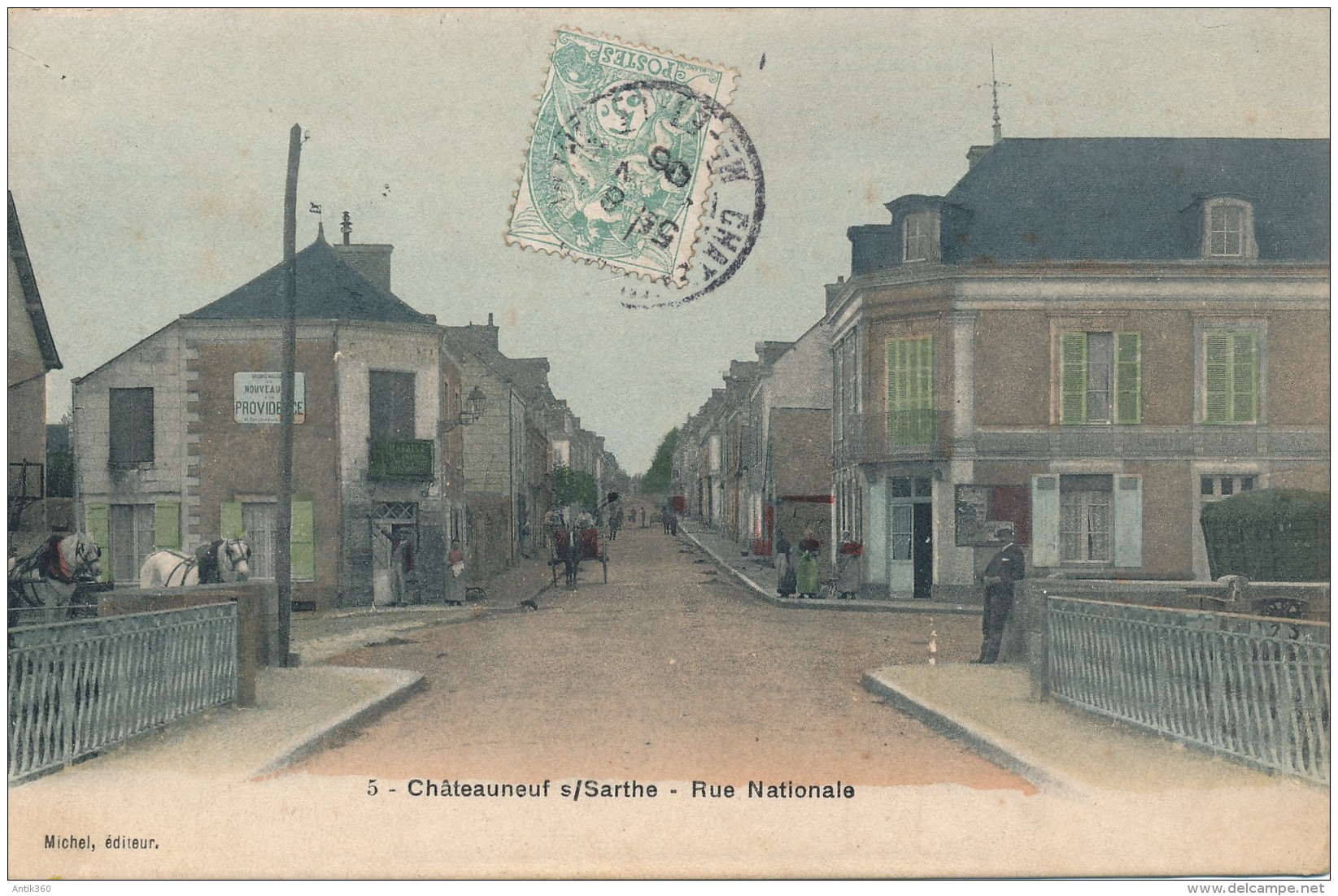 CPA 49 CHATEAUNEUF SUR SARTHE Carte Rare Rue Nationale Animée Colorisée - Chateauneuf Sur Sarthe