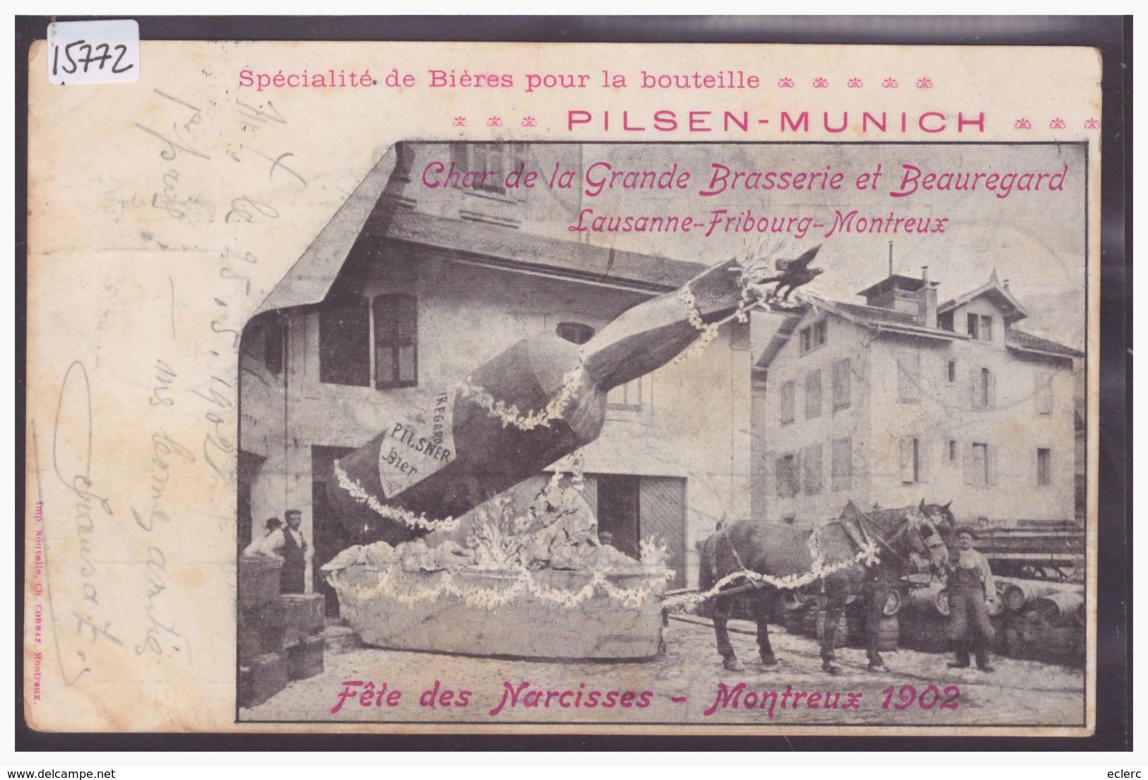 DISTRICT DE VEVEY - MONTREUX - FETE DES NARCISSES 1902 - PUBLICITE BIERE PILSEN MUNICH - ATTELAGE - TB - Bière