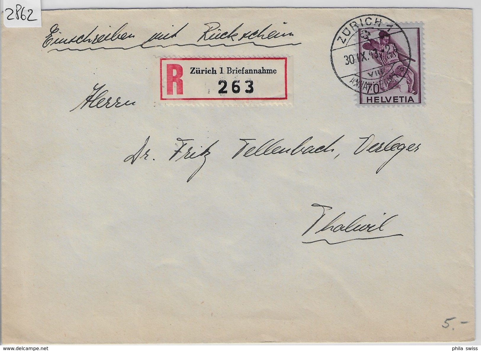 1943 Charge 245/379 - Stempel: Zürich To Thalwil 30.IX.43 - Briefe U. Dokumente