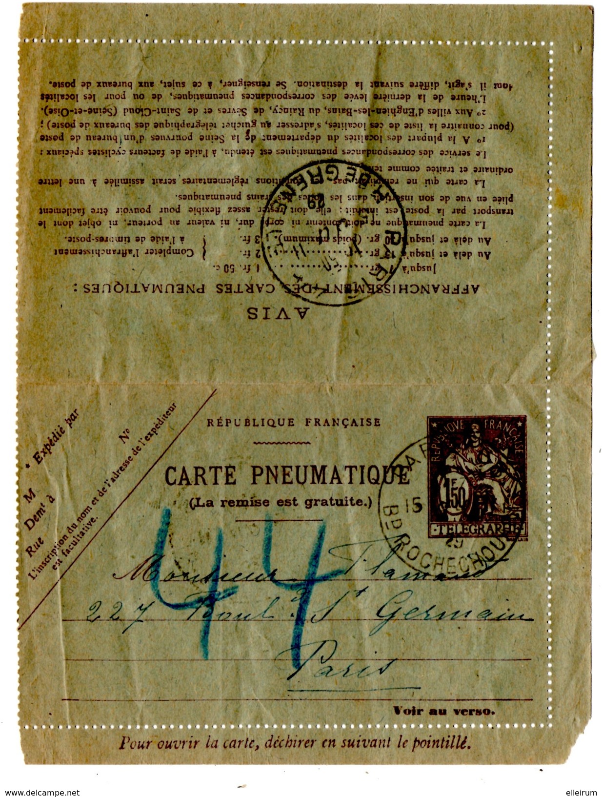PARIS. CARTE PNEUMATIQUE. ENTIER. BOULEVARD ROCHECHOUART Sur CHAPLAIN.1926. - Neumáticos