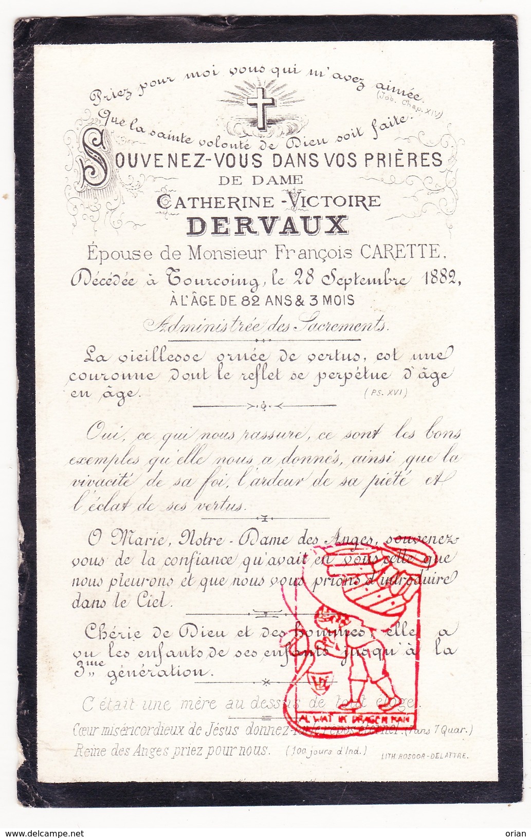 DP Image Pieuse Catherine V. Dervaux Derveaux ° 1800 &dagger; Tourcoing 1882 X Fr. Carette - Images Religieuses