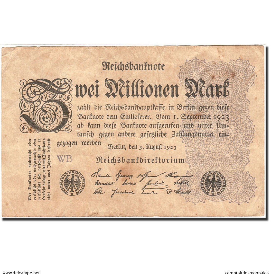 Billet, Allemagne, 2 Millionen Mark, 1923, 1923-08-09, KM:104a, TTB - 2 Mio. Mark