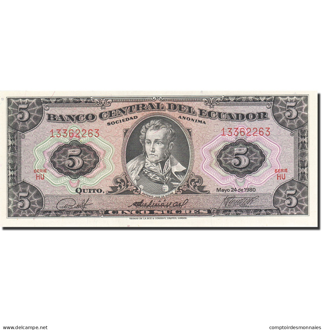 Billet, Équateur, 5 Sucres, 1957-1971, 1980-05-24, KM:113c, NEUF - Equateur