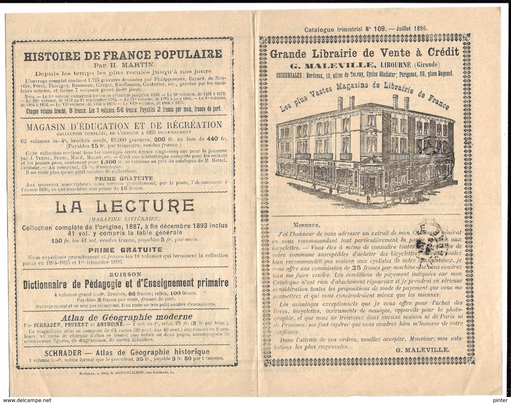 LIBOURNE - Grande Librairie De Vente & Crédit G. MALEVILLE - Catalogue Trimestriel N° 109 - Juillet 1896 - Libourne