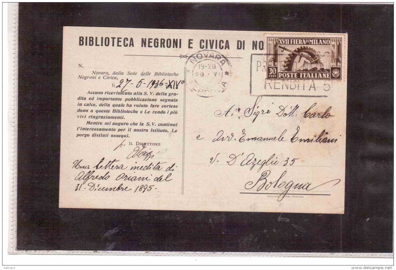 10431   -   NOVARA, Biblioteca Negroni E Civica   -   VIAGGIATA IL 29.5.1936   Affrancata Con 30 C.   Sass. 395 - Novara