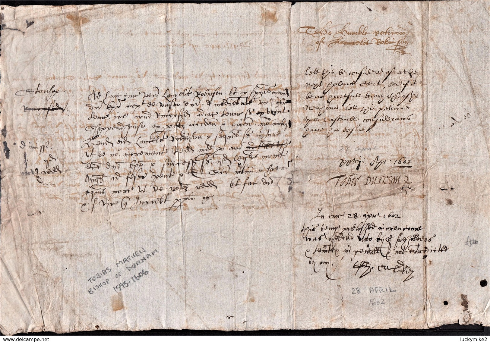 1602 Letter Signed By  "Tobie Duresm" (Tobias Matthew, Bishop Of Durham 1595-1606).  Ref 0360 - Other & Unclassified