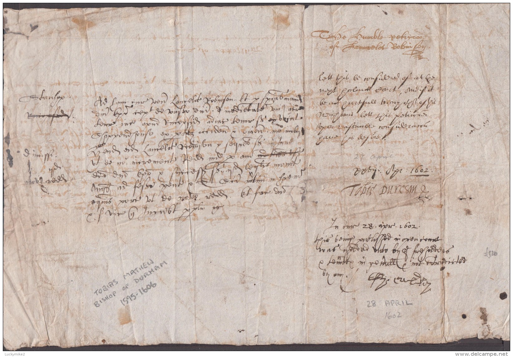 1602 Letter Signed By  "Tobie Duresm" (Tobias Matthew, Bishop Of Durham 1595-1606).  Ref 0360 - Other & Unclassified