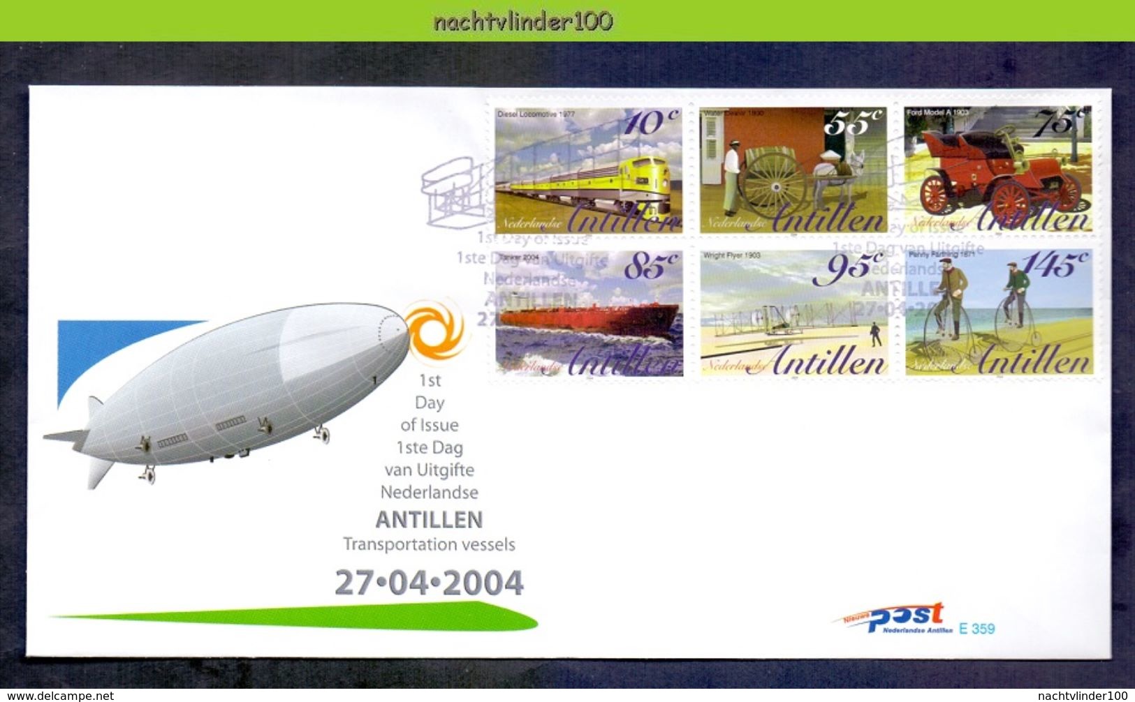 Ndv359fb TRANSPORT ZEPPELIN AUTO FIETS VLIEGTUIG SCHIP DONKEY TRAIN CAR SHIP PLANE BICYCLE NEDERLANDSE ANTILLEN 2004 FDC - Andere (Aarde)