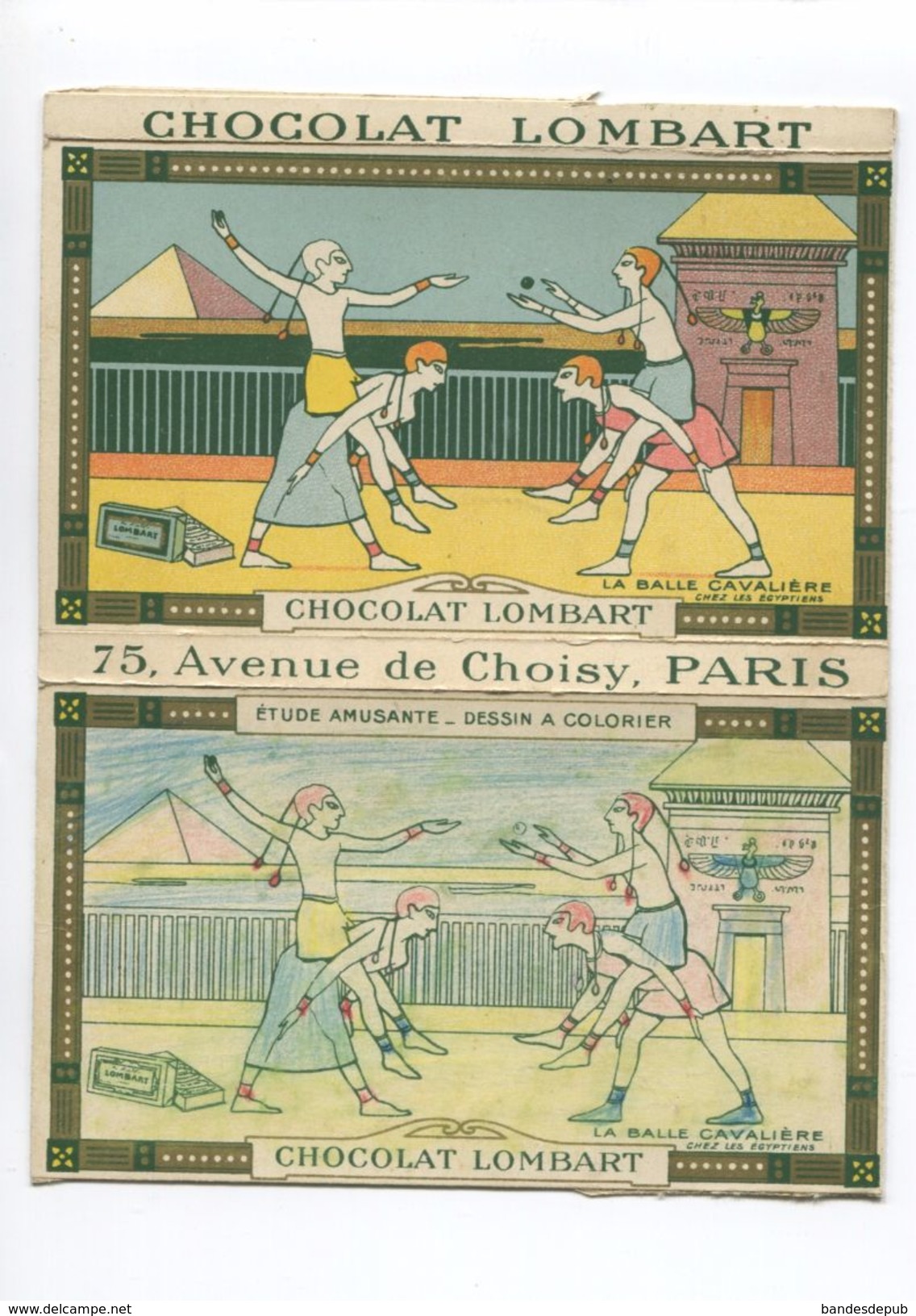 PARIS CHOCOLAT LOMBART AVENUE CHOISY EMBALLAGE CARTON TABLETTE A COLORIER EGYPTE BALLE CAVALIERE EGYPTIENS - Lombart