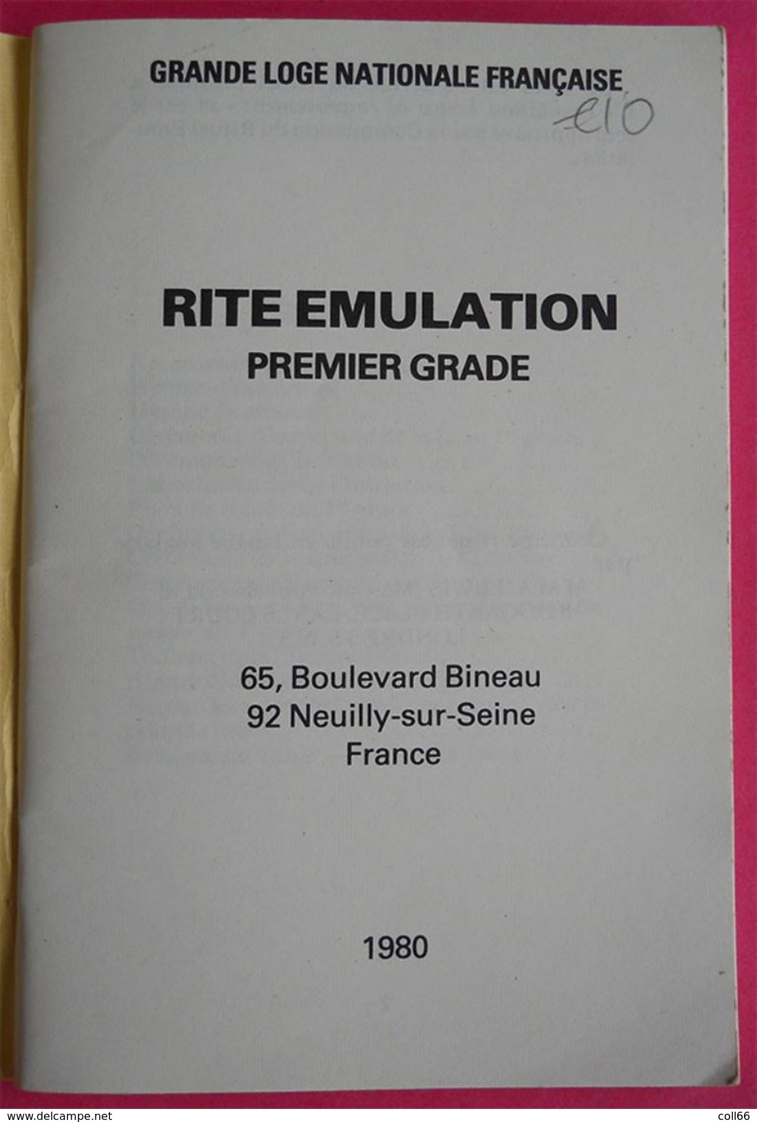 Livret Rite Emulation 1er Grade Apprenti GLNF1980 éditeur Bd Bineau Paris 62 Pages Franc-maçonnerie Freemason 15x10cms - Esotérisme