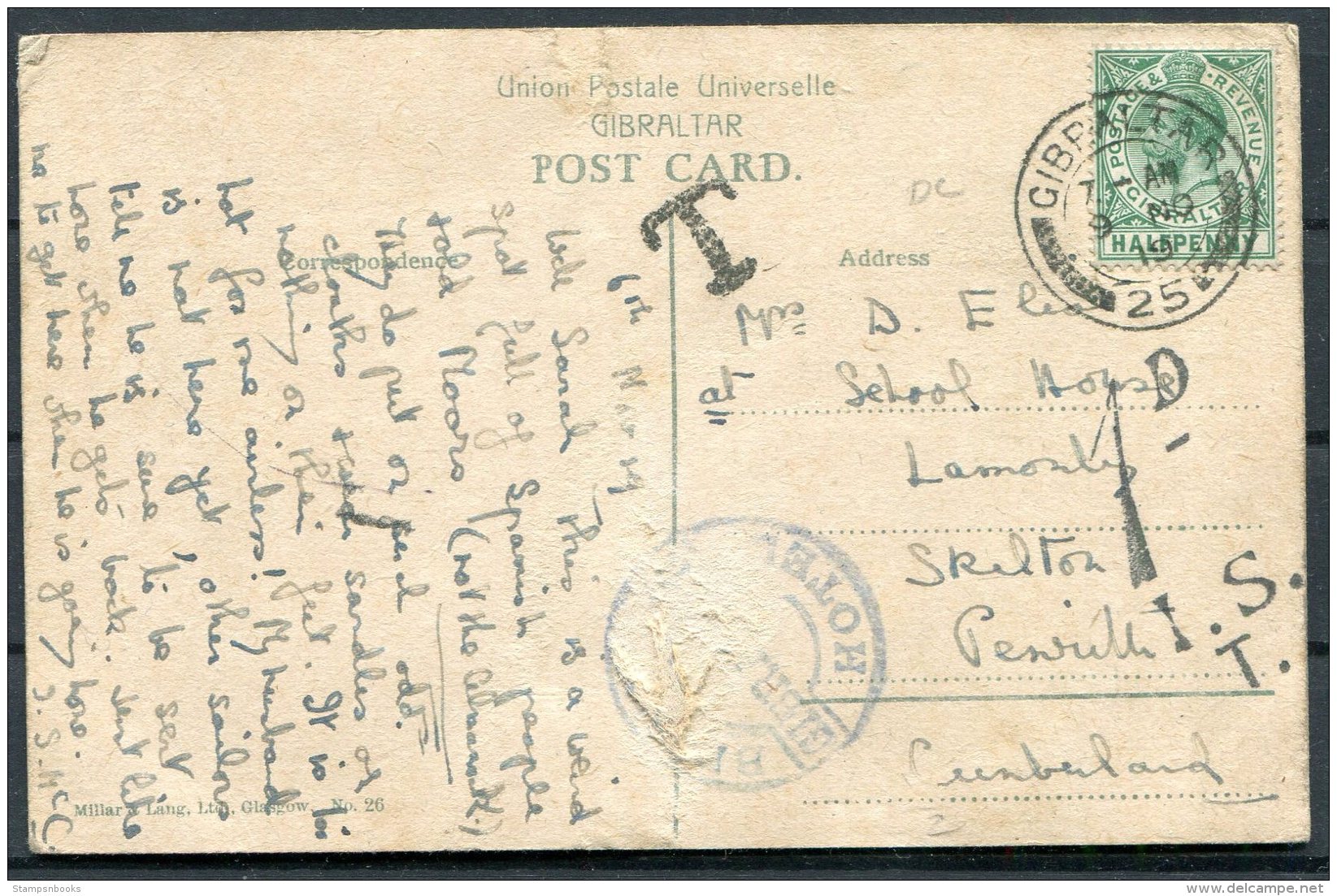 1919 Gibraltar Postcard - Skipton Penrith GB. Postage Due Taxe Handstamp - Gibraltar