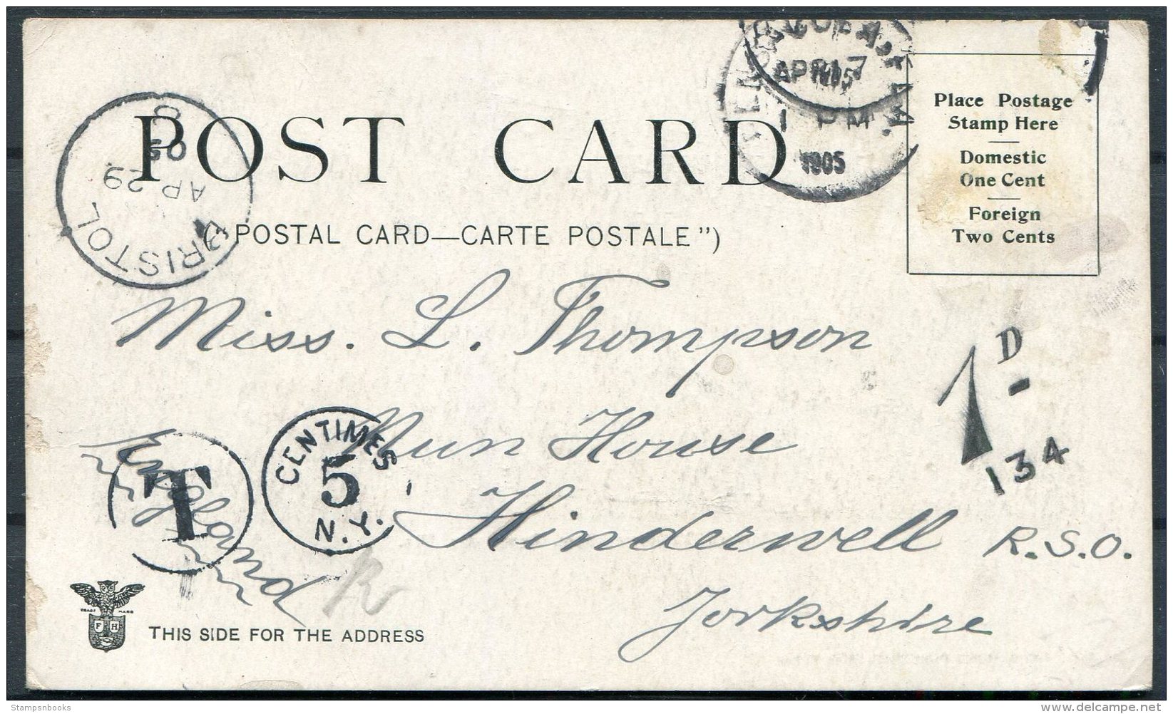 1905 USA Pensacola Postcard - R.S.O. Yorkshire Railway Via Bristol, GB Postage Due Taxe Handstamp - Covers & Documents