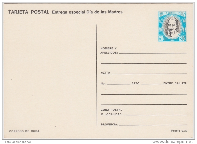 1984-EP-95 CUBA 1984 POSTAL STATIONERY. Ed.134h. DIA DE LAS MADRES. MOTHER DAY SPECIAL DELIVERY. CLAVELES FLOWER UNUSED - Brieven En Documenten